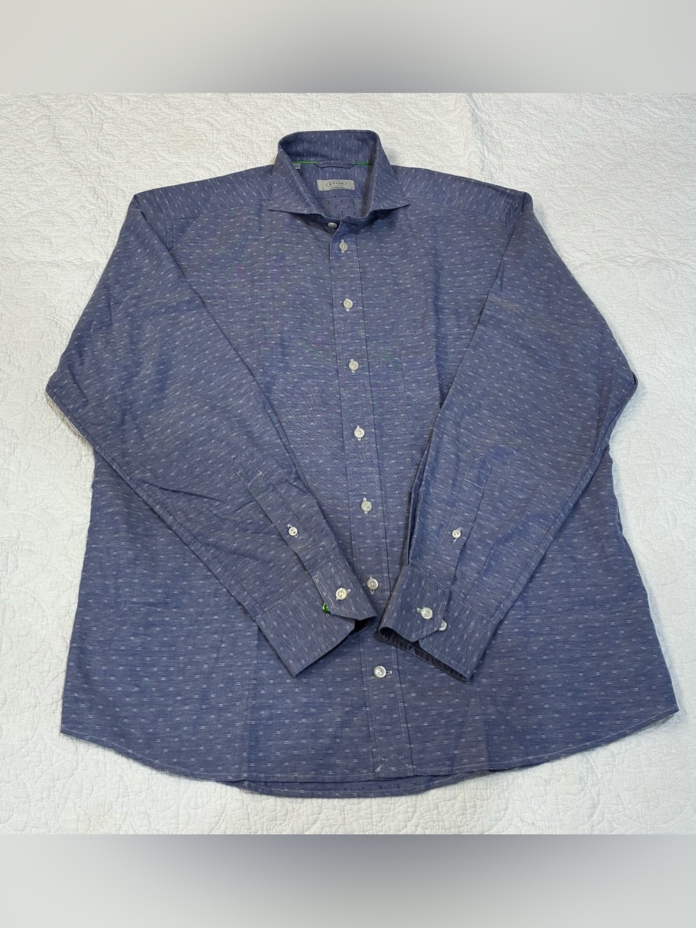 ⁠Eton of Sweden Shirt 16 L Contemporary Cotton Linen Blue Micro Geometric Woven⁠